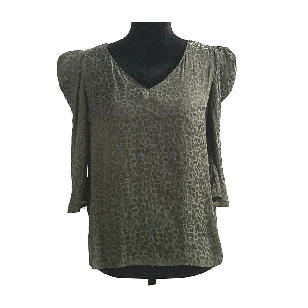 NWT a new day Top SMALL Olive Green Leopard Dot Pull Shoulder V Neck Blouse Work
